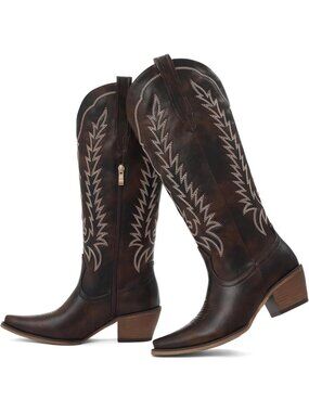 Women's Brown Cowgirl Boots Knee High Western Comfortable Chunky Heel Pull On